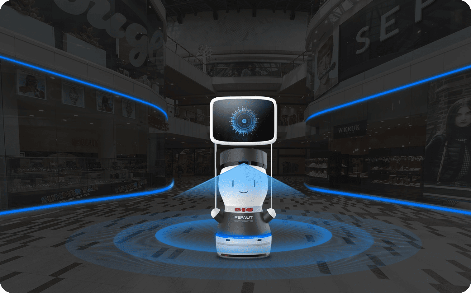 robot phục vụ có thể tự di chuyển, nhận lệnh và hỗ trợ khách hàng