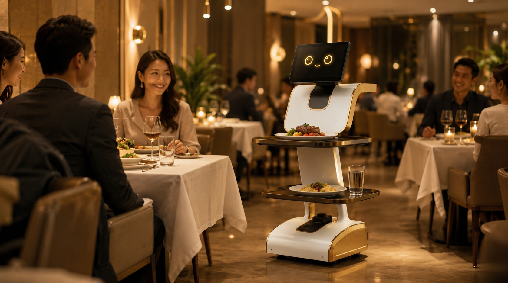 Robot giao đồ ăn được thiết kế với nhiều tầng chứa món ăn và tự động di chuyển đến bàn khách